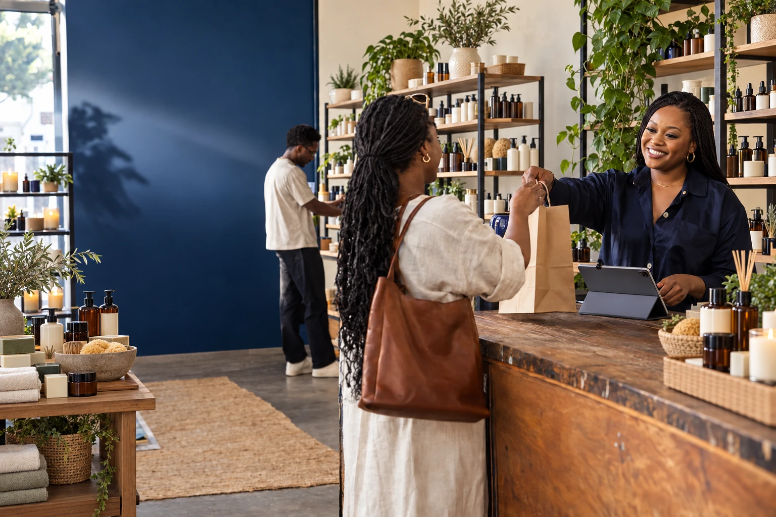 A Mery Plus beauty retailer completing a customer sale in a modern shop